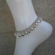 Ankle bracelet Silver bell and coin charm anklet on silver plated chain with toggle clasp (Ringing Anklet)