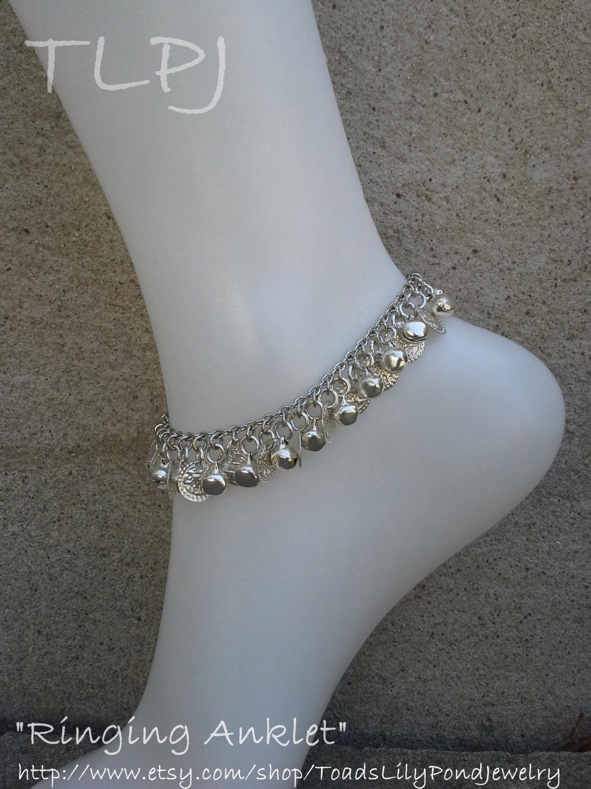 Ankle Bracelet Silver Bell And Coin Charm Anklet On Silver Plated Chain With Toggle Clasp (ringing Anklet)